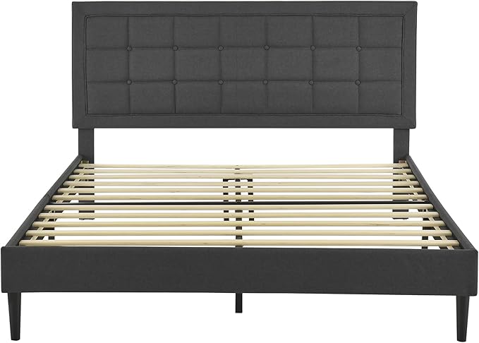 Decoro Mornington Upholstered 2.0 Platform Bed, Button-Tufted Fabric Headboard and Metal Frame with Wood Slat Support, Dark Grey, Queen