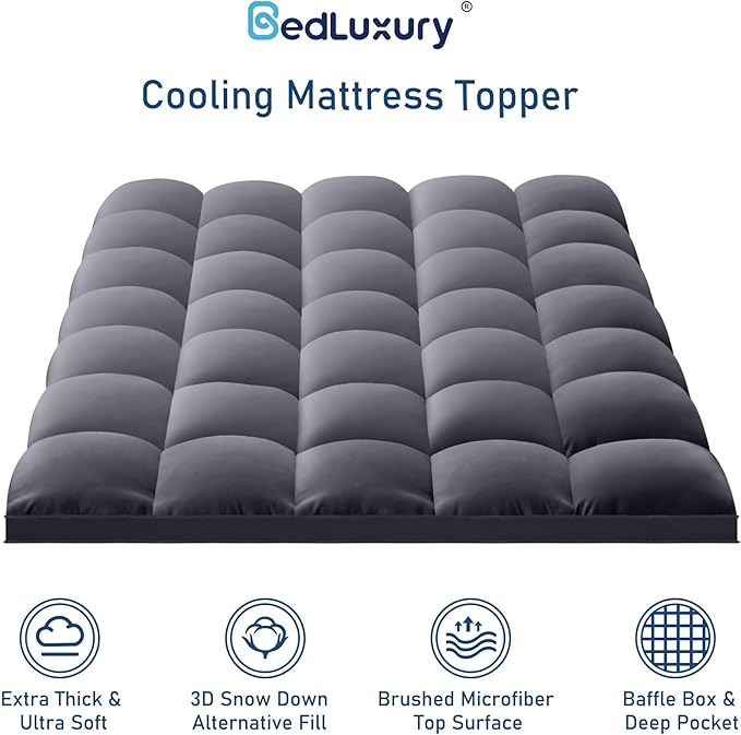 Full Mattress Topper Extra Thick Pillowtop Cooling Mattress Topper Plush Mattress Pad Cover Protector with 8-21 Inch Deep Pocket 3D Snow Down Alternative Fill Grey