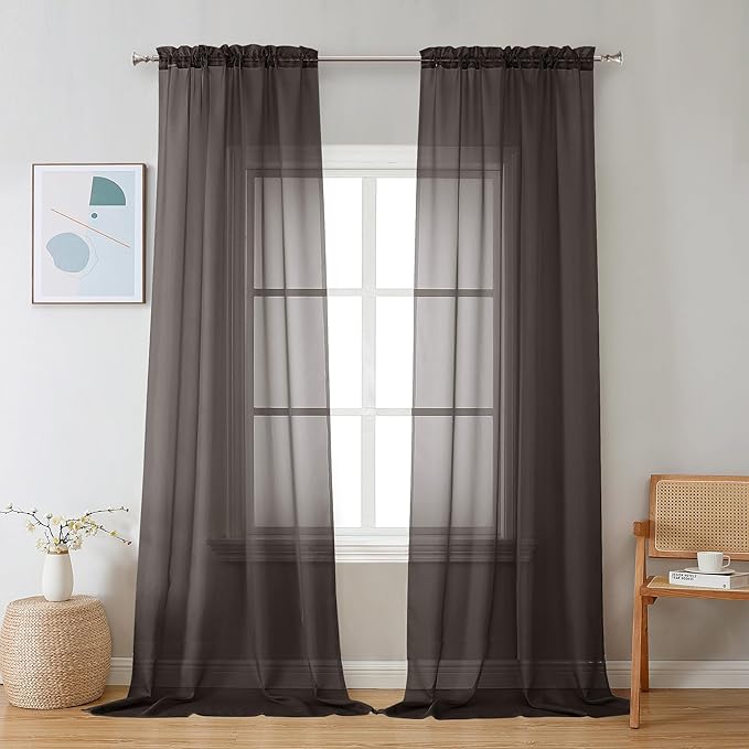 Chyhomenyc Sheer Chocolate Brown Curtains 90 inches Long 2 Panels, Light Filtering Soft Airy Solid Elegant Voile Window Treatment Drapes for Bedroom Living Room Wedding Party Decor, 42 Wx90 L Inches