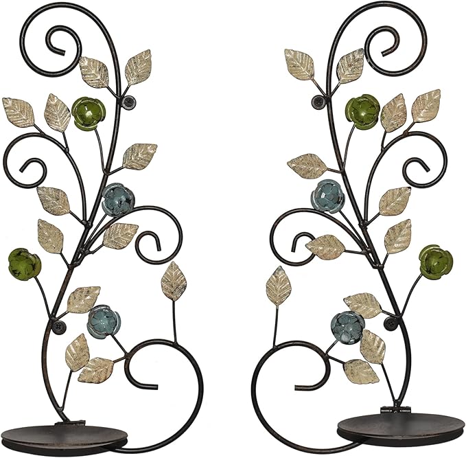 Wall Sconces Candle Holder Set of 2, Antique White Leaf and Multi-Color Flower Branch Wall Mount Hanging Metal Wall Candle Holder Candle Sconce for Living Room Dining Room