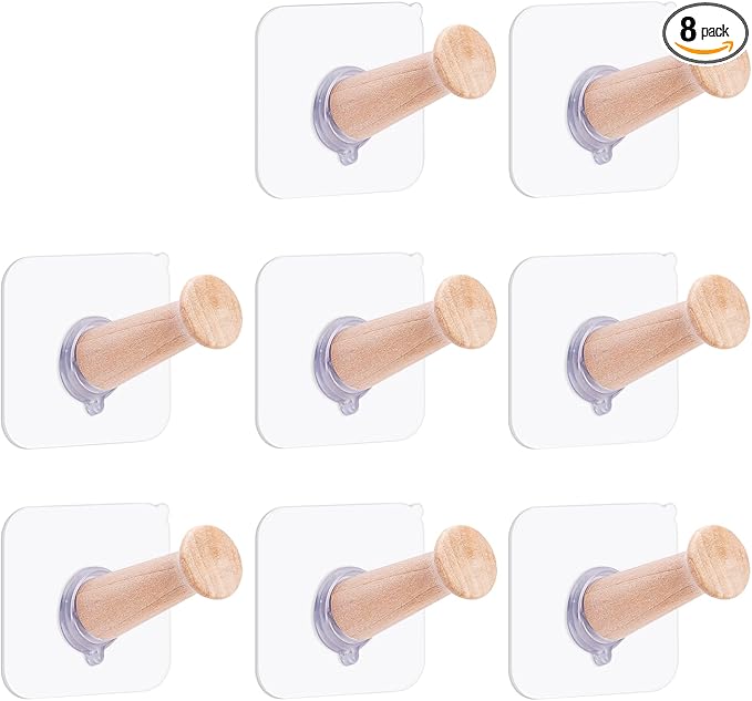 FOTYRIG Extra Long Adhesive Hat Hooks 10lb: No Drill Adhesive Hangers-Clear Wooden Mushroom Head, Holds Cowboy Fedora Baseball Caps Beret-8 Packs
