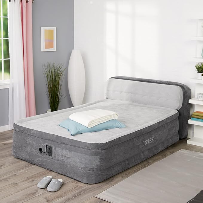 Intex Dura-Beam Ultra Plush Inflatable Pillow Top Bed Air Mattress with Headboard, Built-in Internal Electric Pump and Carry Storage Bag, Queen, Gray