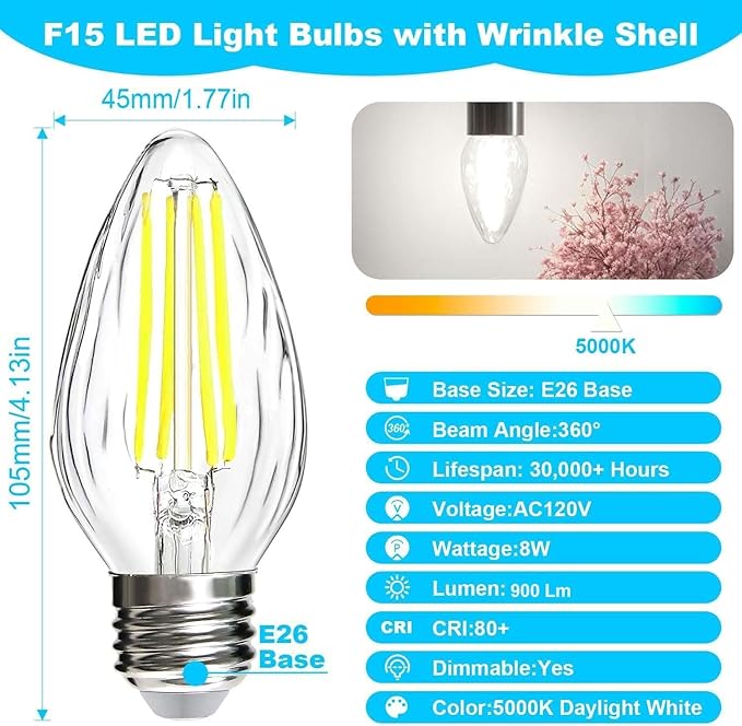 BRIMAX F15 8W LED Light Bulbs, Daylight White 5000K,75W - 80W Incandescent Equivalent,Dimmable,E26 Medium Base,Flame Wrinkle Glass,4 Pack