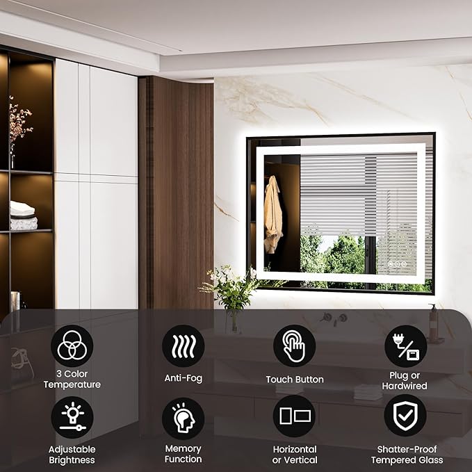 LED Bathroom Mirror,40"x32" Mirror with Black Frame, Front Light and Backlit, Stepless Dimmable, Anti-Fog, Shatter-Proof, Memory, 3 Colors, LED Vanity Mirror