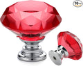 Ravinte 10 Pack Red Crystal Knobs for Dresser Drawers - 30 mm Glass Cabinet Diamond Shaped Knobs With Silver Base