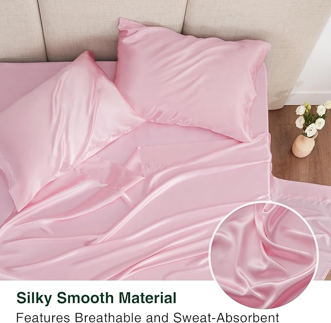 Love's cabin Twin XL Satin Sheet Sets - 3 Piece Pink Silky Bed Sheets with Deep Pockets, Luxury Silk Feel Satin Sheet Set Twin XL (1 Flat Sheet,1 Fitted Sheet,1 Pillow case)