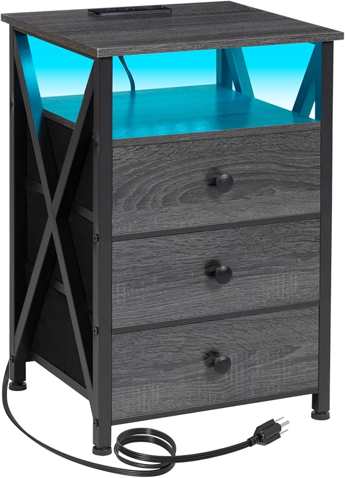 AMHANCIBLE LED Nightstand with Charging Station, Smart End Side Table with USB Port & Power Outlet, Bedside Table with Fabric Drawers for Bedroom, Living Room, Dark Grey, HET053LDG-1