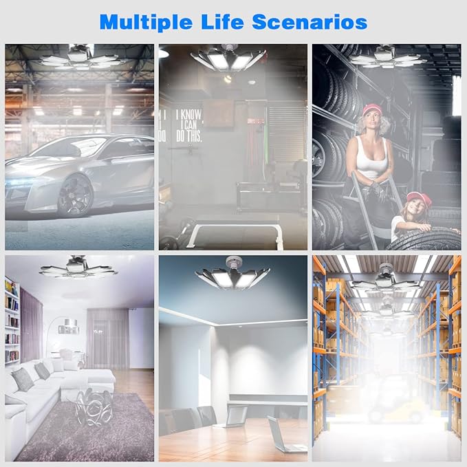 Garage Lighting - 80000LM Super Bright 6500K Garage Lights Ceiling Led w/ 8 Deformable Panels Compatible for E26/E27 Screw in Garage Light Bulb for Shops Barn Basement Attic - 4Pack