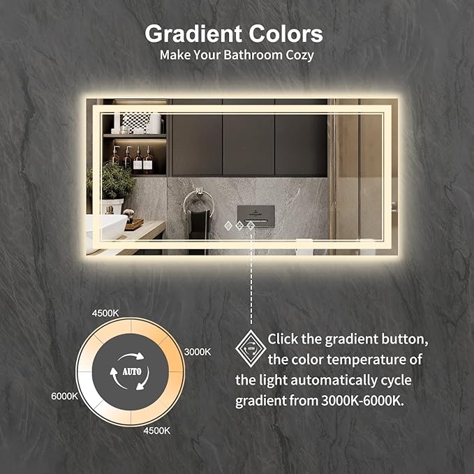 Backlit Bathroom Mirror, 55x30 Inch Gradient Front and Backlit Mirror, 3 Colors Dimmable CRI>90 Double Lights, IP54 Enhanced Anti-Fog, Hanging Plates Wall Mount LED Bathroom Mirror