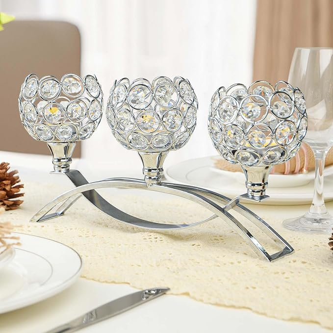 Crystal Tealight Candle Holder Centerpiece Home Decorative Candlestick Holder Elegant Table Centerpiece Home Decor Wedding Party Anniversary (Silver, 3 Arm of 4 Pcs)