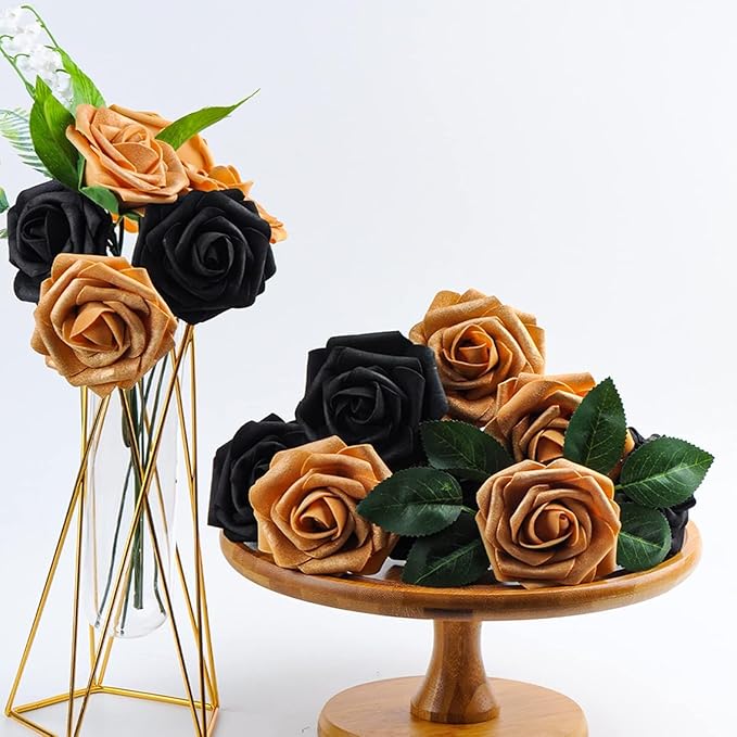 Black and Gold Flowers Artificial Roses for Centerpieces, 50PCS Fake Flowers for Wedding Decorations Bouquets Baby Shower Centerpieces Home Decor Arrangements Party