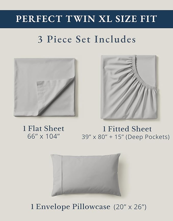 LANE LINEN Twin XL Bed Sheets Set - 100% Mercerized Organic Cotton Twin XL Sheets Set, Soft & Comfy Percale Weave, Machine wash Low Pilling Fade Resistant Luxury Hotel Style Twin XL Sheet Set - Silver
