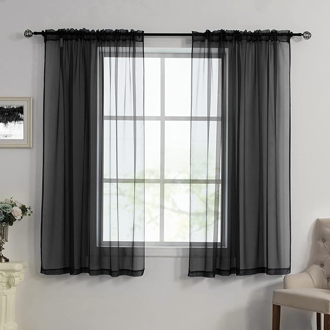 HUTO Black Sheer Curtains 45 Inch Length for Small Window Rod Pocket Sheer Drapes Panels for Kitchen Bathroom,2 Panels 52 by 45 Inches Long