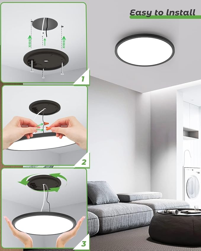 zemty 6Pack 12 Inch LED Flush Mount Ceiling Light, 28W 3200lm Black Thin Flat Surface Mount Lights, 3 Color Temperature in One 3000k/4500k/6000K Low Profile Lighting Fixture for Bathroom Kitchen