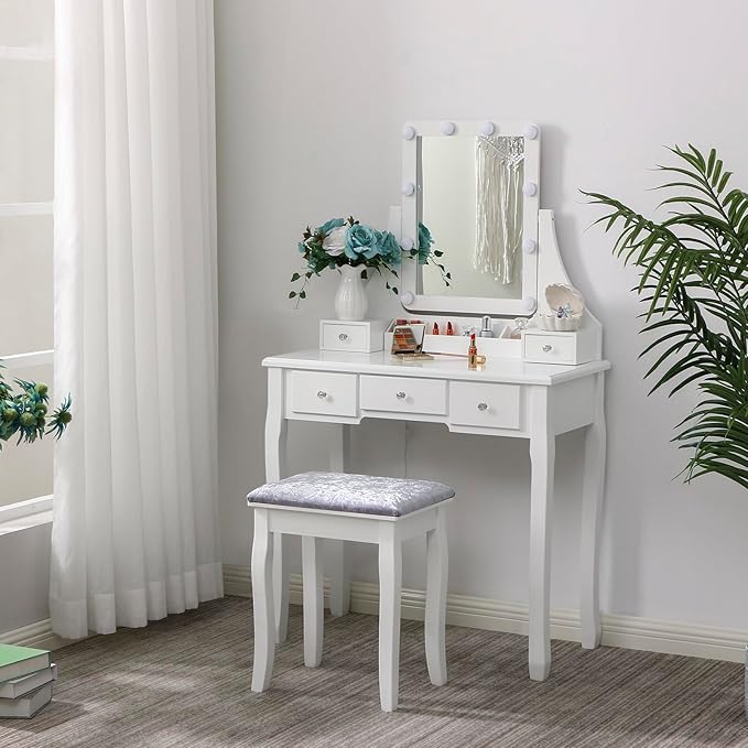 BEWISHOME Makeup Vanity Desk with Lights,Girls Vanity Set with Mirror and Stool,Small Vanity Desk with 5 Drawers,3 Light Settings,Adjustable Brightness,Dressing Table for Bedroom,White FST08W