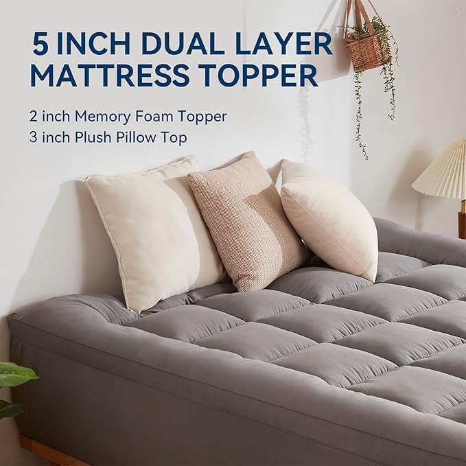 BDEUS Dual Layer 5 Inch Memory Foam Mattress Topper Queen Size, 2 Inch Gel Memory Foam Plus 3 Inch 1450 GSM Down Alternative Quilted Pillow Top Mattress Pad Cover,Dark Gray