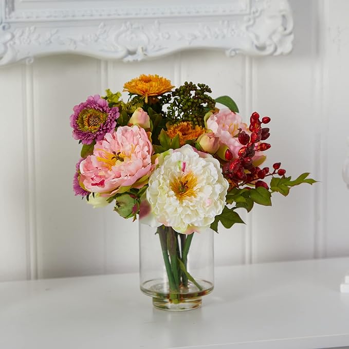 Nearly Natural 4689 Mini Peony Silk Arrangement,Assorted 10 x 10 x 10