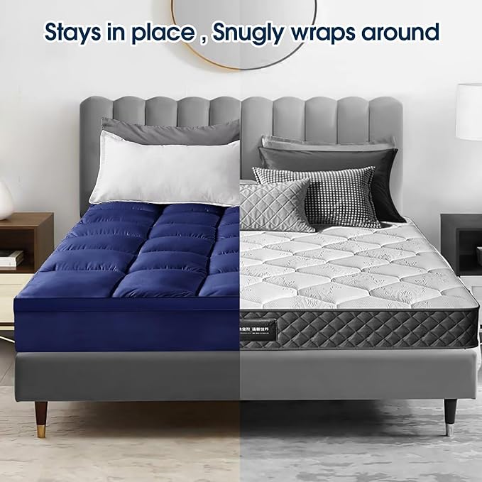 Mattress Topper Short Queen Size, CYMULA PillowTop Mattress Pad Cover for Bed Back Pain, Cooling Mattress Protector Extra Thick Firm Soft Floor Fill Overfilled with 8-21 Inch Deep Pocket, 60"x75"Navy