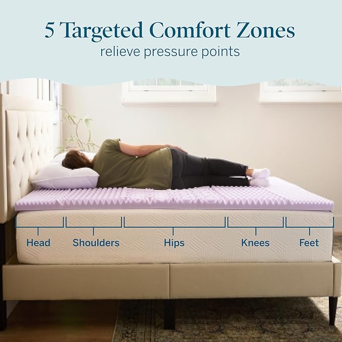 LUCID Lavender Infused 2 Inch Memory Foam Mattress Topper with 5 Zones – Queen Size – Plush Feel – CertiPUR Certified – Dorm Room Essentials