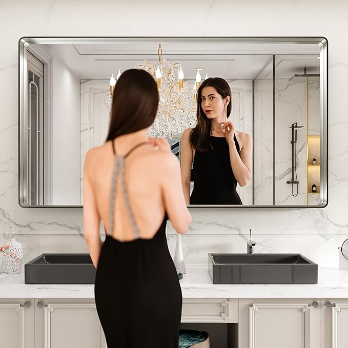 LOAAO 84X32 Inch Brushed Nickel Bathroom Mirror, Rounded Rectangle Silver Metal Frame Mirror, Brushed Nickel, Anti-Rust, Hangs Horizontally or Vertically