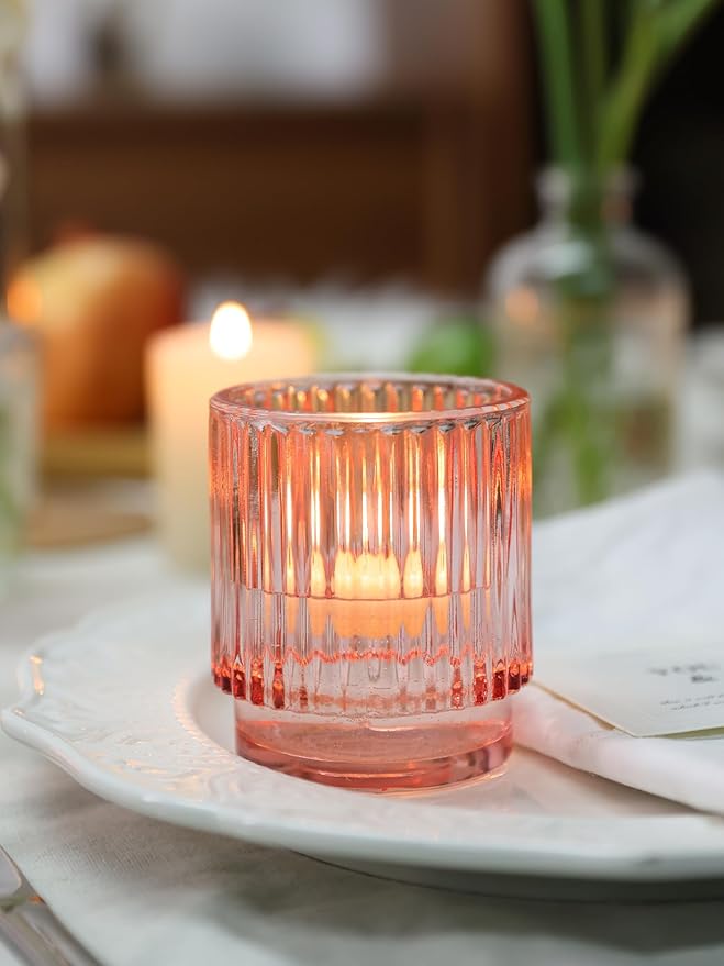 8 Pcs Large Lavender Votive Candle Holders, Tealight Ribbed Candle Holders Glass, Brildal Shower Table Decor,Wedding Centerpieces Table Decorations