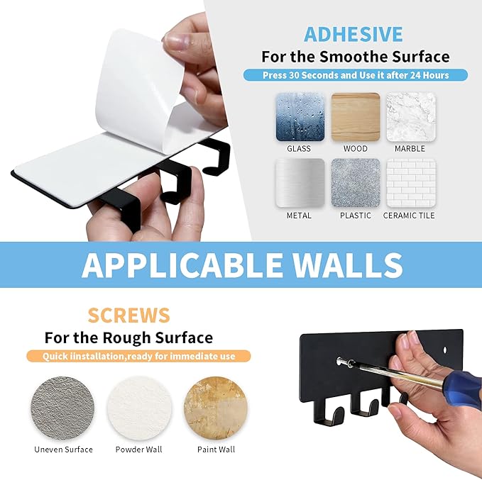 GTK Key Holder for Wall, Key Hooks with 6 Hooks, Wall Mounted Key Holder for Hallway, Self Adhesive Key Rack(Black)