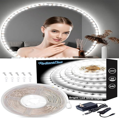 20ft/6M Led Vanity Mirror Lights Kit Vanity Make-up Mirror Full Length Mirror Cloakroom Adjustable Flexible Strip Light Table Set with Dimmer & Power Supply Mirror Decor Mirror Not Included