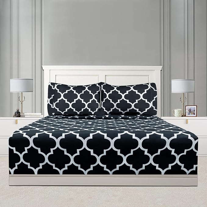 Mejoroom King Bed Sheet Set - Super Soft Brushed Microfiber 1800 Thread Count Sheets with 15 inch Deep Pocket - Wrinkle Free - 4 Piece(King, Black Quatrefoil with White Pattern)
