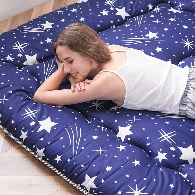 MAXYOYO Navy Starry Sky Japanese Futon Mattress, Tatami Mat Portable Camping Mattress, Kids Sleeping Pad, Foldable Roll Up Floor Lounger Couch Bed, Twin Size with Cover