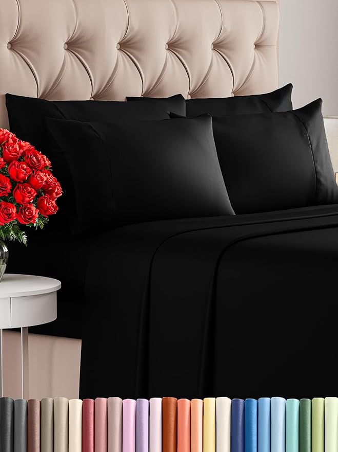 Queen 6 Piece Sheet Set - Comfy Breathable & Cooling - Ultra Soft Hotel Luxury Bedding Set w/ 8-16 Inch Deep Pockets - 1 Flat & 1 Fitted Sheet & 4 Pillowcases - Cozy, Wrinkle Free & Easy Care - Black