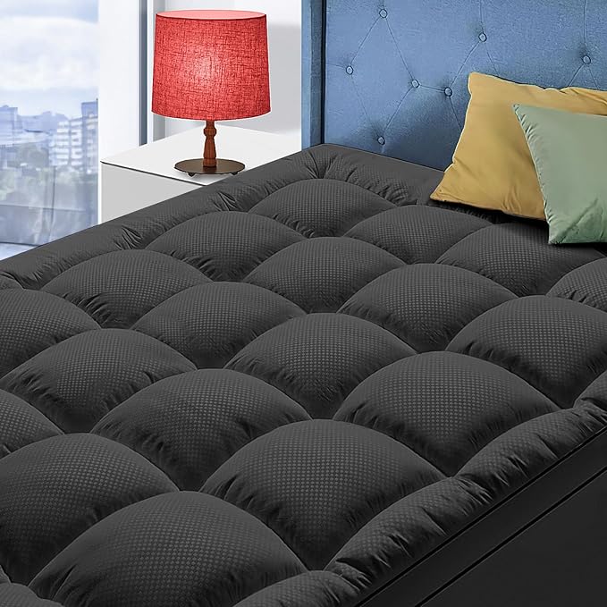 Twin Size Mattress Topper for Back Pain, Cooling Extra Thick Mattress Pad Cover with 8-21 inch Deep Pocket, Plush Pillow Top Mattress Topper Overfilled with Down Alternative, Twin Size, Black