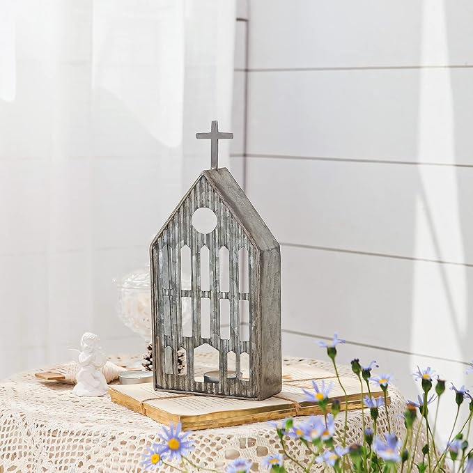 Church Shaped Tea Light Candle Holder Farmhouse Galvanized Metal Candle Holder Vintage Decorative Tealight Holder for Table Centerpiece Decoration - 4.53" x 1.97" x 10.43"