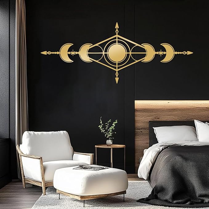 Hfrolixit Moon Phase Metal Wall Decor, Boho Moon Metal Wall Art, Celestial Wall Decor, Scandinavian Natural Wall Art, Astrology Wall Hanging (Silver, 48"x19"/121x49cm)