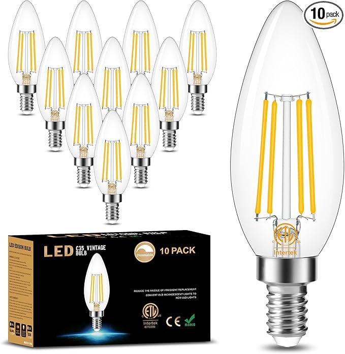 Cotanic E12 LED Bulb Dimmable 3000K Soft White, LED Candelabra Bulbs 60Watt Equivalent, Small Base Type B Light Bulbs, Candle Shape Chandelier Light Bulbs Clear Glass, 600LM, 10 Pack