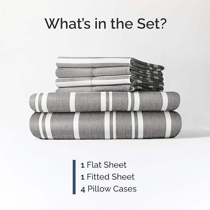 Cal King 6 Piece Sheet Set - Comfy Breathable & Cooling - Soft Hotel Luxury Bedding Set w/ 8-16 Inch Deep Pockets - 1 Flat & 1 Fitted Sheet & 4 Pillowcases - Wrinkle Free & Easy Care - Grey Stripes 3
