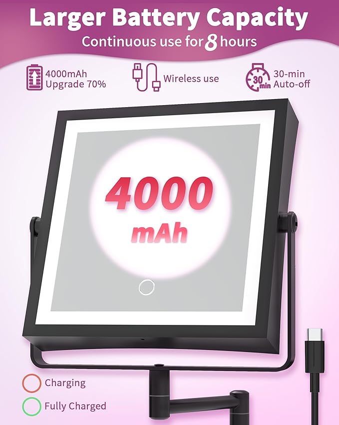 Rechargeable Wall Mounted Makeup Mirror with Lights, 4000mAh Double Sided 1X/10X Magnifying Vanity Mirror with 3 Color Lights, Touch Dimmable, 360° Extension Foldable Arm (Matte Black)