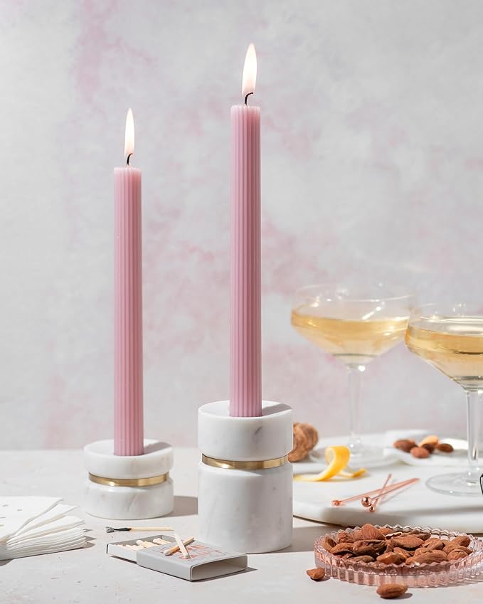Cork & Mill Taper Candle Holders for Candlesticks, Set of 2 Handcrafted White Marble and Gold Brass Candle Stick Holders, Modern Centerpiece for Dining Table Decor or Mantle
