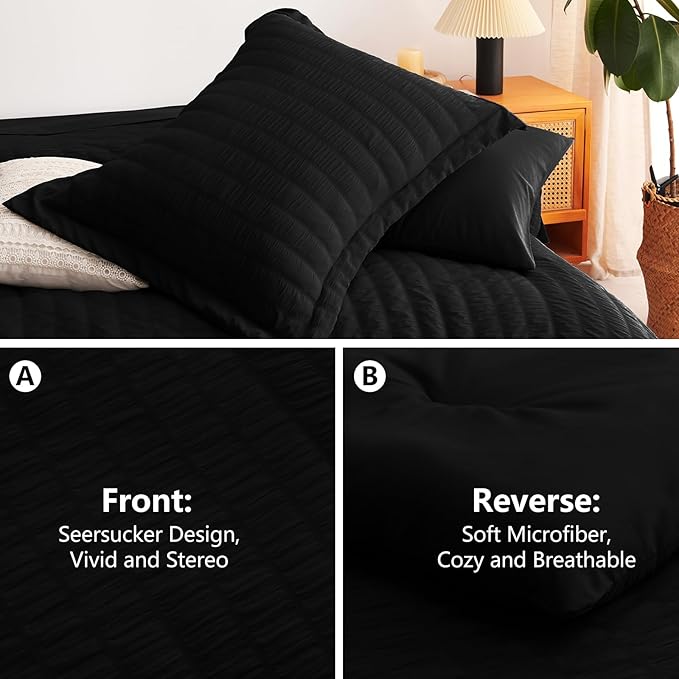 CozyLux Oversized Queen Comforter Set Black Seersucker 7 Pieces 98x98 Bed in a Bag Comforter Set with Sheets, Luxury Soft Bedding Sets with Down Alternative Comforter, Sheets, Pillowcases & Shams
