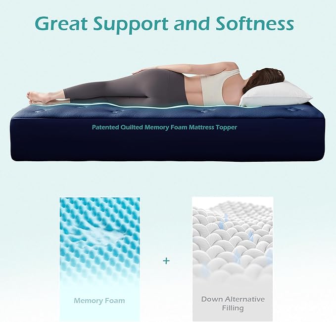Hansleep King Mattress Topper Viscose Derived from Bamboo, Memory Foam Pillow Top Mattress Topper King with Deep Pocket, Breathable Mattress Pad for Back Pain Relief, 78" x 80", Navy Blue