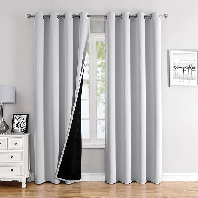 ChrisDowa 100% Blackout Curtains 102 inch Long for Bedroom with Black Liner, 2 Thick Layers Total Blackout Thermal Insulated Grommet Window Curtains 2 Panels Set (Greyish White, 52 x 102 Inch)