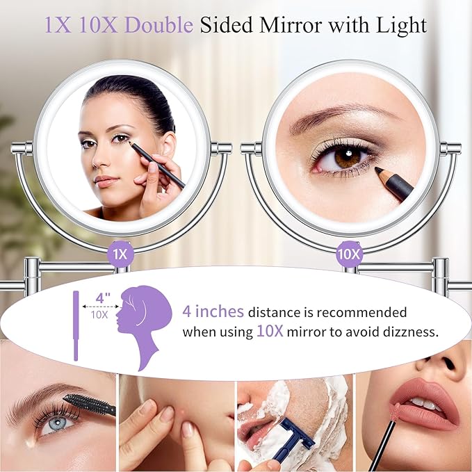 Wall Mounted Makeup Mirror with Lights, Magnifying Mirror 10X/1X Double-Sided, Plug-In Vanity Mirror with 3 Color Lights & Brightness Dimmable, 360°Swivel Extendable Mirror for Grooming & Shaving