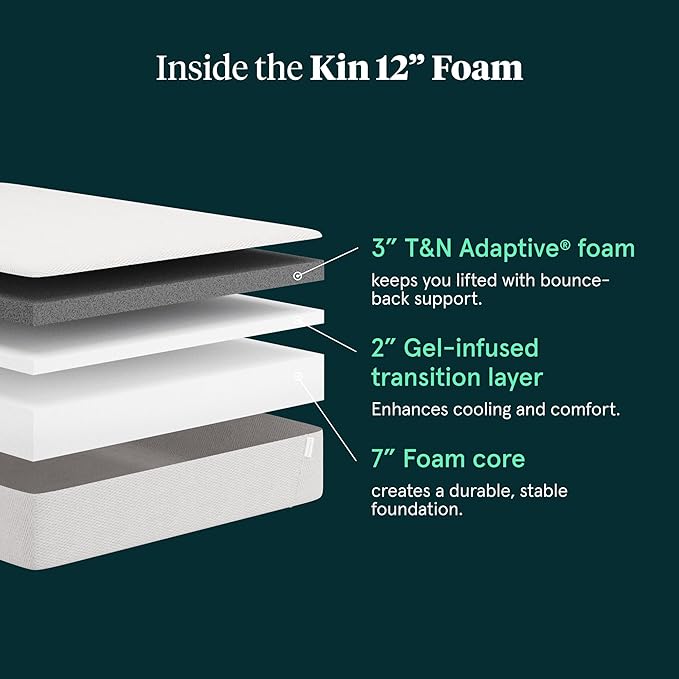 Tuft & Needle Kin Medium 12" Queen Adaptive Foam Mattress in a Box, Cooling Gel, Pressure Relief, Durable Support, 100 Night Trial, Fiberglass-Free, CertiPUR-US, 10-Year Limited Warranty