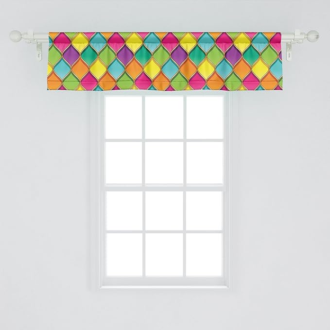 Ambesonne Geometric Window Valance Pack of 2, Vivid Colored Stained Glass Style Pattern Wavy Lines Curves Oval Shapes Modern, Rod Pocket Curtain Valances for Kitchen Bedroom, 54" X 12", Multicolor
