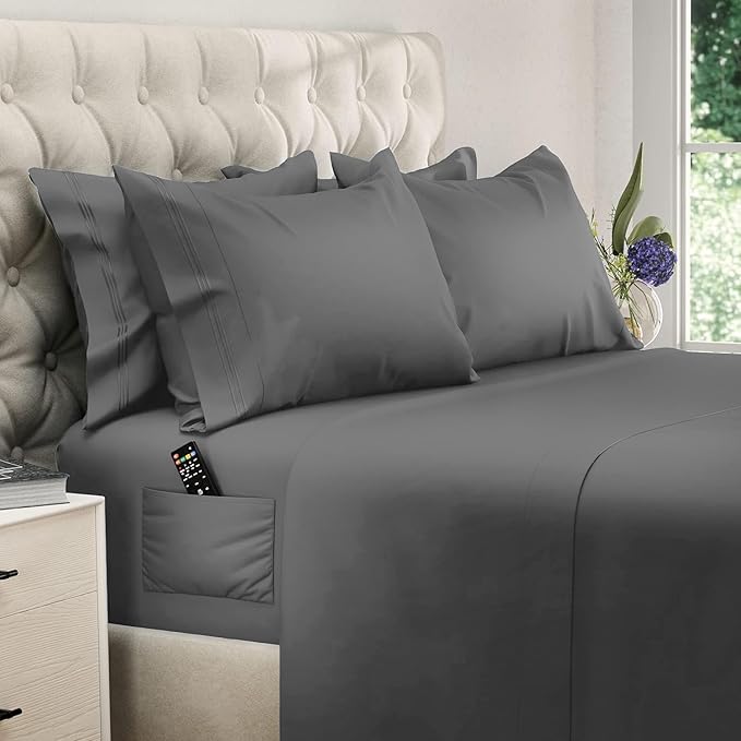 DREAMCARE California King Sheet Sets – 6 pcs Cooling Bed Sheets – up to 15” Deep Cal King Sheets – 2500 Supreme Collection – Extra Soft 100% Brushed Microfiber Hotel Luxury with Side Pocket – D Gray