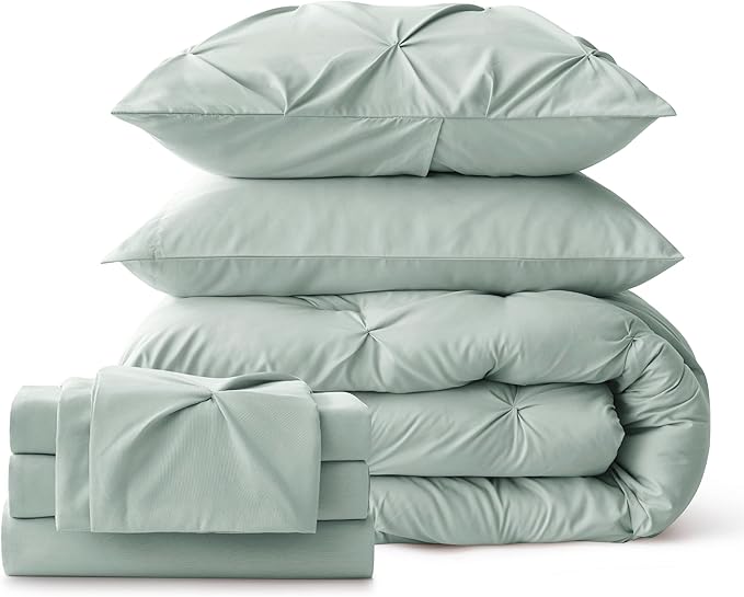 Bedsure King Size Comforter Set Sage Green - Bed in a Bag Bedding Set 7 Pieces, GentleSoft™ Pintuck Bed Set Gift for Family, Pinch Pleat Sage Green Comforter with Sheets, Pillowcases & Shams
