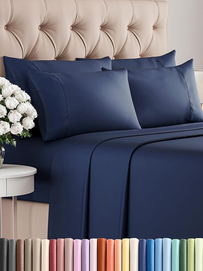 Cal King 6 Piece Sheet Set - Comfy Breathable & Cooling - Ultra Soft Hotel Luxury Bedding Set w/ 8-16 Inch Deep Pockets - 1 Flat & 1 Fitted Sheet & 4 Pillowcases - Wrinkle Free & Easy Care - Navy Blue