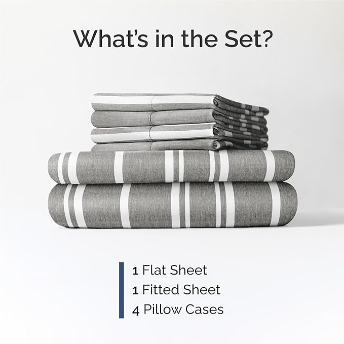 King 6 Piece Sheet Set - Comfy Breathable & Cooling - Soft Hotel Luxury Bedding Set with 8-16 Inch Deep Pockets - 1 Flat & 1 Fitted Sheet & 4 Pillowcases - Wrinkle Free & Easy Care - Grey Stripes 3