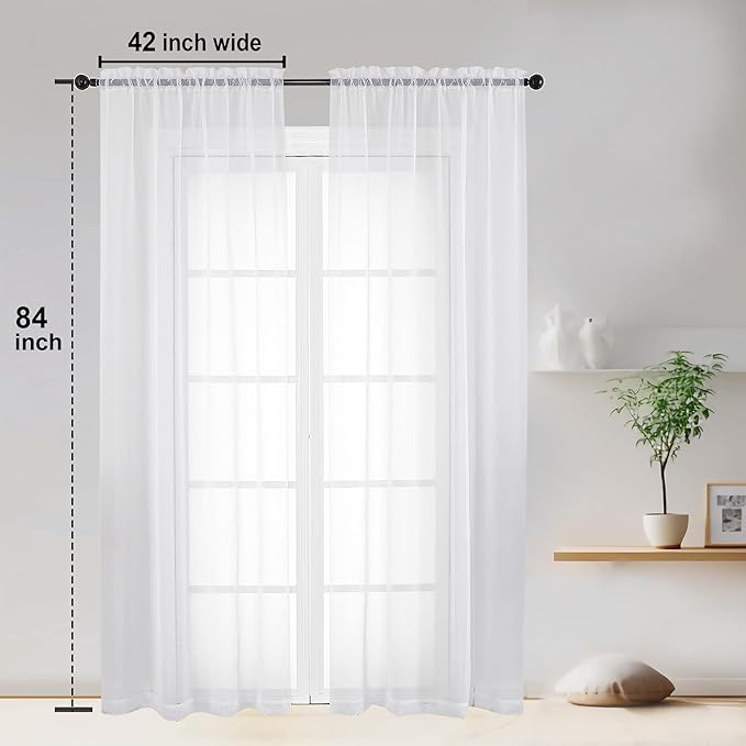 OWENIE Sheer Curtains 84 inches Long 2 Panels Set for Living Room/Bedroom, Rod Pocket Voile Sheer Panel Drapes, White, 2pcs, Each 42" W x 84" L