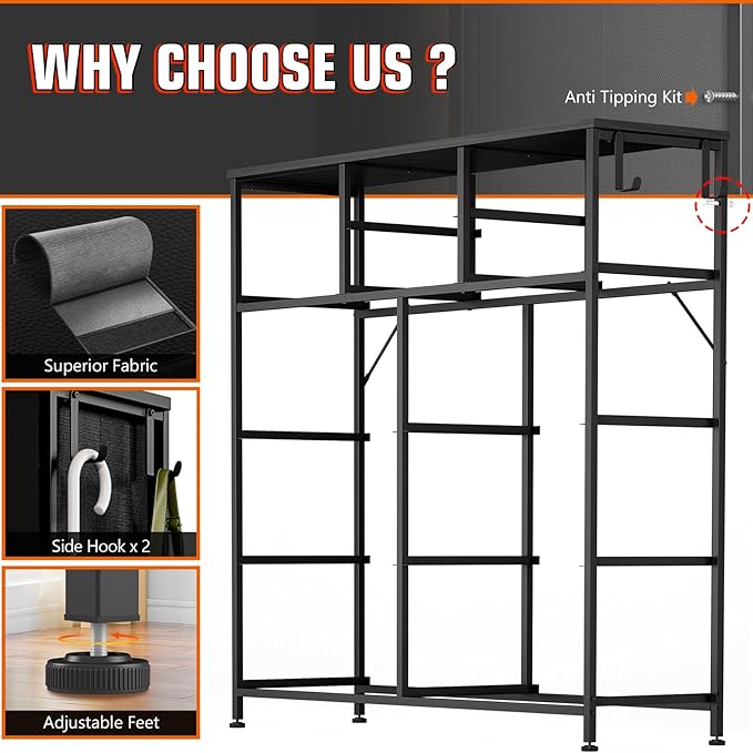 10 Drawer Dresser, Chest of Drawers for Bedroom, PU Dresser with Side Pockets, Hooks, Wooden Top and Sturdy Metal Frame for Living Room, Closet, Hallway (Black)