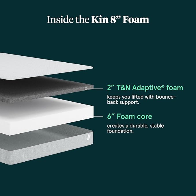 Kin By Tuft & Needle Firm 8" Twin XL Adaptive Foam Mattress in a Box, Cooling Pressure Relief, Balanced Support, 100 Night Trial, Fiberglass-Free, CertiPUR-US, 10-Year Limited Warranty